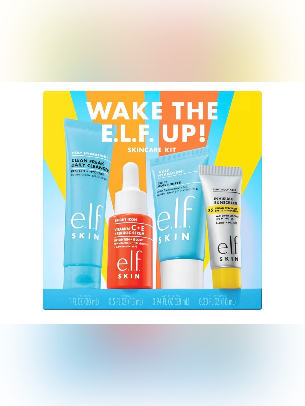 Wake The E.L.F. Up! Skincare Kit - sunscreen, moisturizer, vitamin C & cleanser.